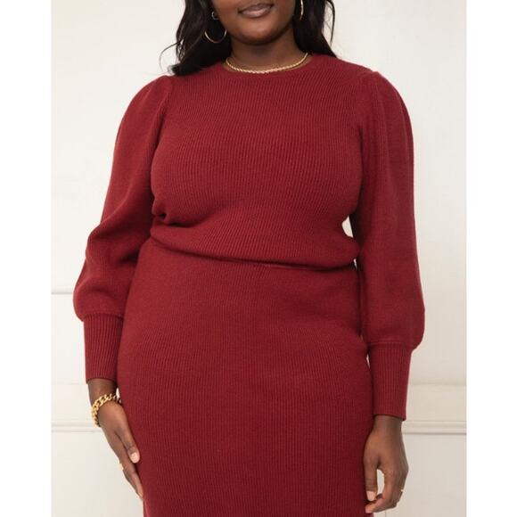 ELOQUII NWT Plus Size Curvy Burgundy Ribbed Balloon‎ Sleeve Knit Sweater 22/24 - Picture 1 of 7